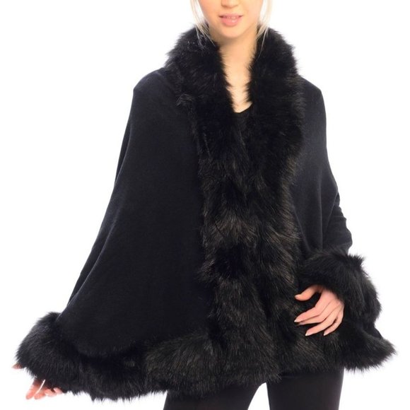 WOMENS BLACK RUANA / CAPE W/FAUX FUR EDGES & HOOK CLOSURE - OS - Picture 1 of 10